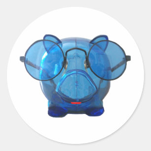 Blue Piggy Bank mit Brille Runder Aufkleber