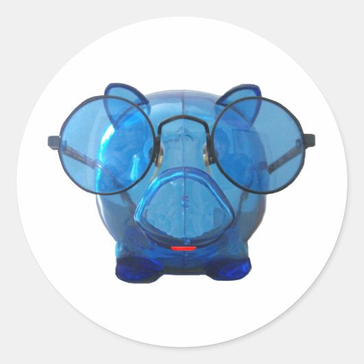 Blue Piggy Bank mit Brille Runder Aufkleber (Vorderseite)