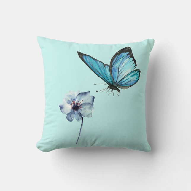 Blue Pillow with Butterfly and Blue Flower Kissen (Vorderseite)