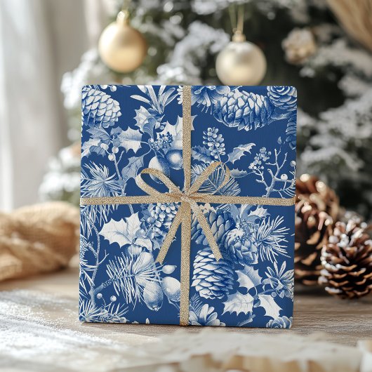 Blue Pine Cones und Branches Weihnachtsmuseum Geschenkpapier