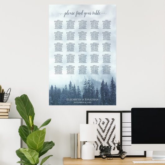 Blue Pine Forest 25 Table Wedding Seating Chart Poster (Heimbüro)