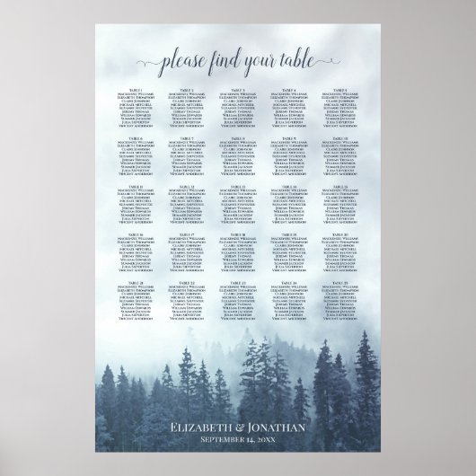 Blue Pine Forest 25 Table Wedding Seating Chart Poster (Vorne)