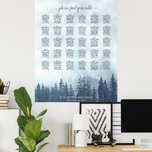 Blue Pine Forest 30 Table Wedding Seating Chart Poster (Heimbüro)