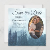 Blue Pines Rustikales Oval Foto Hochzeit speichern Magneteinladung (Vorderseite)