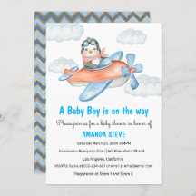 Blue Pinguin Airplane Boy Baby Shower Einladung