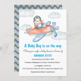 Blue Pinguin Airplane Boy Baby Shower Einladung