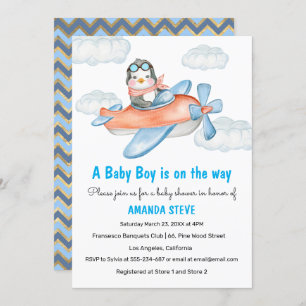 Blue Pinguin Airplane Boy Baby Shower Einladung