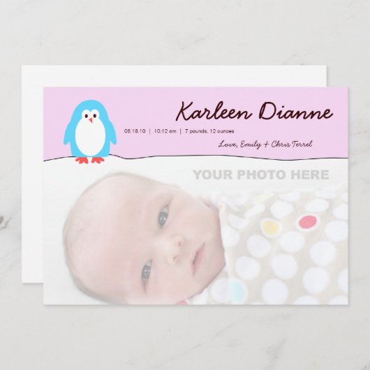 Blue Pinguin Pink Sky Geburtserklärung Ankündigung (Vorne/Hinten)