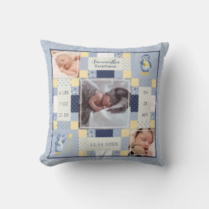 Blue Pinguin Quilt Baby Birth Stats Personalisiert Kissen