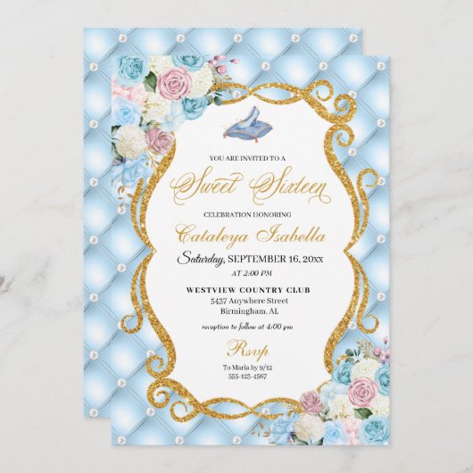 Blue Pink Aschenella Glass Shoe Prinzessin Sweet 1 Einladung (Vorne/Hinten)