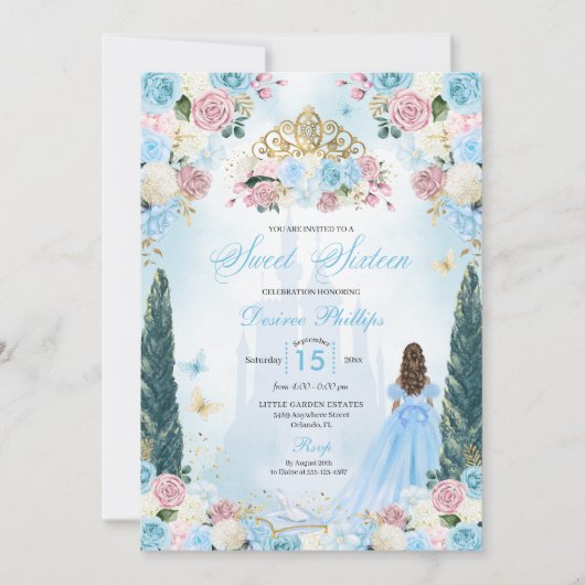 Blue & Pink Aschenputtel Fairytale Prinzessin Swee Einladung (Vorderseite)