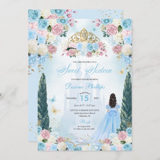 Blue & Pink Aschenputtel Fairytale Prinzessin Swee Einladung (Vorne/Hinten)