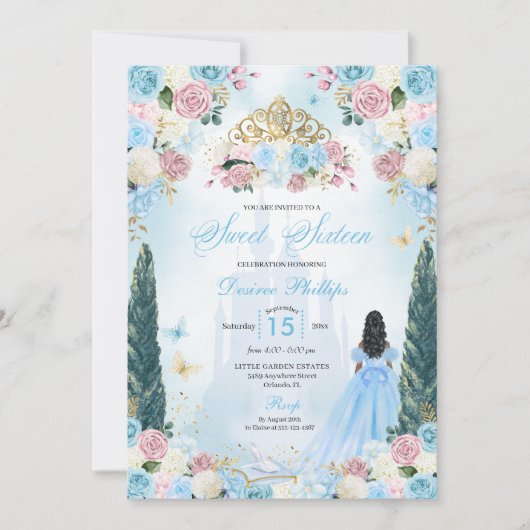 Blue & Pink Aschenputtel Fairytale Prinzessin Swee Einladung (Vorderseite)