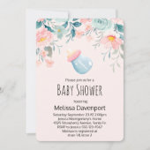 Blue & Pink Baby Flasche mit Blume Babydusche Einladung (Vorderseite)