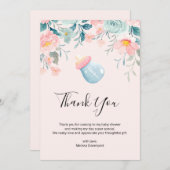 Blue & Pink Baby Flasche mit Blume Border Dankeskarte (Vorne/Hinten)