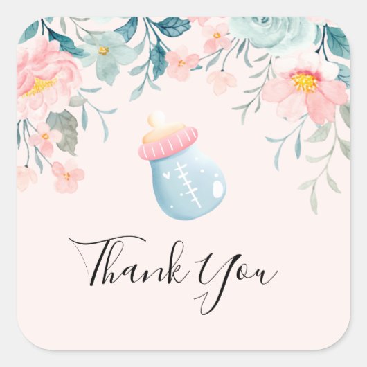Blue & Pink Baby Flasche mit Blume Border Quadratischer Aufkleber (Vorderseite)