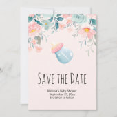 Blue & Pink Baby Flasche mit Blume Border Save The Date (Vorderseite)