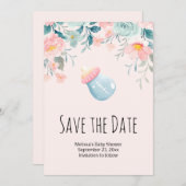 Blue & Pink Baby Flasche mit Blume Border Save The Date (Vorne/Hinten)