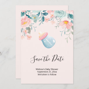Blue & Pink Baby Flasche mit Blume Border Save The Date