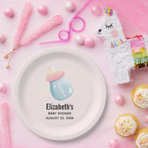 Blue & Pink Baby Flasche Niedlich Pappteller