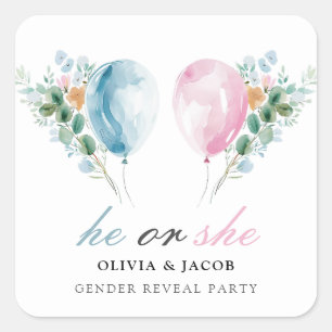 Blue Pink Balloons Gender Reveal Party Quadratischer Aufkleber