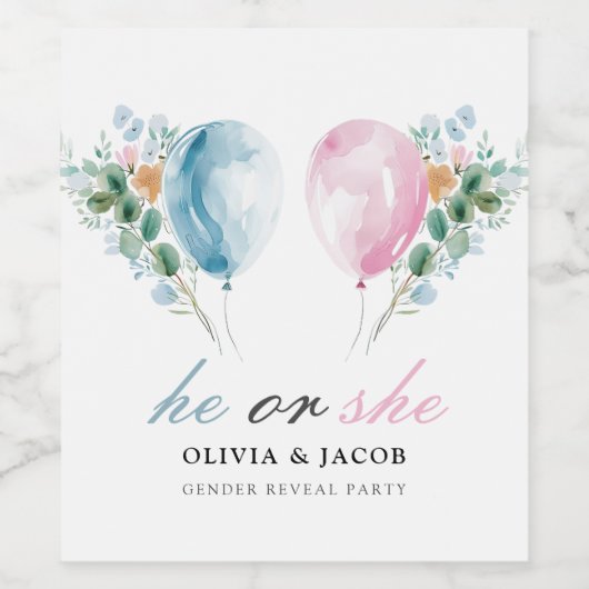 Blue Pink Balloons Gender Reveal Party Weinetikett (Einzelnes Label)