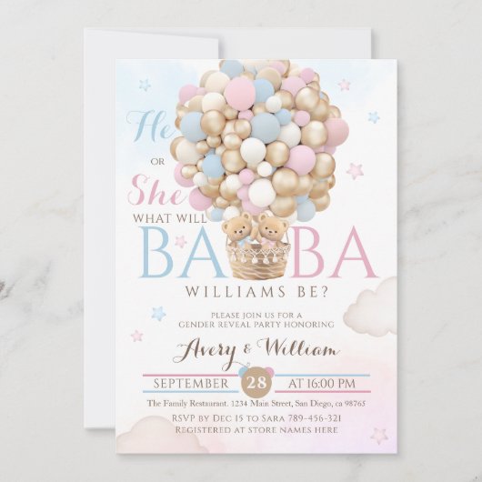 Blue Pink Bear Balloon Gender Reveal Baby Dusche Einladung (Vorderseite)