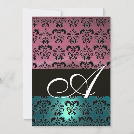 BLUE PINK BLACK DAMASK MONOGRAMM, hell weiß Einladung (Vorderseite)