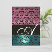 BLUE PINK BLACK DAMASK MONOGRAMM, hell weiß Einladung (Stehend Vorderseite)