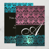 BLUE PINK BLACK DAMASK MONOGRAMM, hell weiß Einladung (Vorne/Hinten)