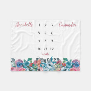 Blue Pink Blues Floral Twin Milestone Baby Fleecedecke