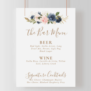 Blue Pink Blume Hochzeitsmenü Bar Poster