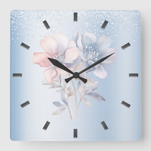 Blue Pink Blume Wall Clock Quadratische Wanduhr (Vorderseite)