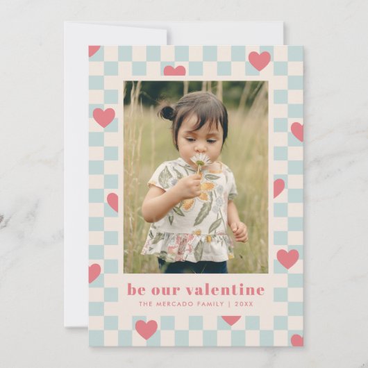 Blue Pink Checkerboard Herz Valentine's Day Card Einladung (Vorderseite)