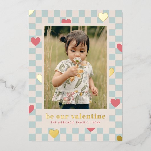 Blue Pink Checkerboard Herz Valentine's Day Card Folien Feiertagskarte (Vorderseite)