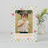 Blue Pink Checkerboard Herz Valentine's Day Card Folien Feiertagskarte (Stehend vorne)