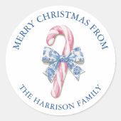 Blue Pink Chinoiserie Toile Candy Cane Weihnachten Runder Aufkleber (Vorderseite)