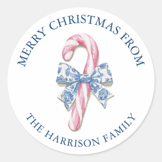 Blue Pink Chinoiserie Toile Candy Cane Weihnachten Runder Aufkleber (Vorderseite)