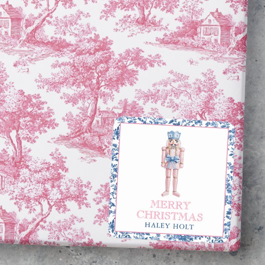 Blue & Pink Chinoiserie Toile Weihnachtsnachtscrem Quadratischer Aufkleber