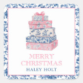 Blue & Pink Chinoiserie Weihnachtsgeschenke Quadratischer Aufkleber (Vorderseite)
