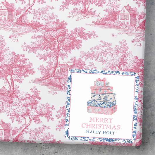 Blue & Pink Chinoiserie Weihnachtsgeschenke Quadratischer Aufkleber