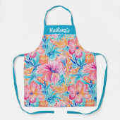 Blue Pink Coral Tropical Flower Custom Name Schürze (Vorderseite)