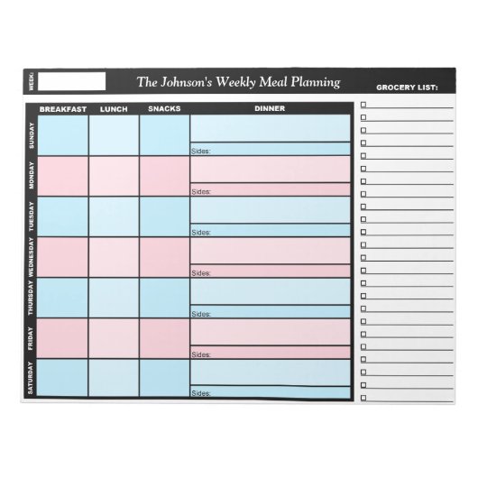 Blue & Pink Custom Weekly Meal Planning Notepad Notizblock (Vorderseite)