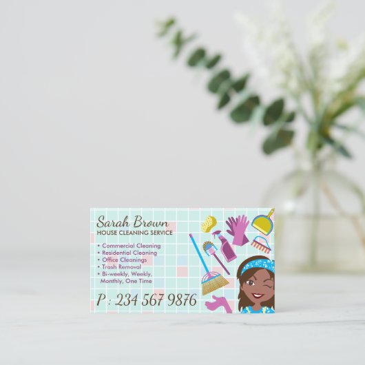 Blue Pink Dark Skin Janitorial Lady House Reinigun Visitenkarte (Stehend Vorderseite)