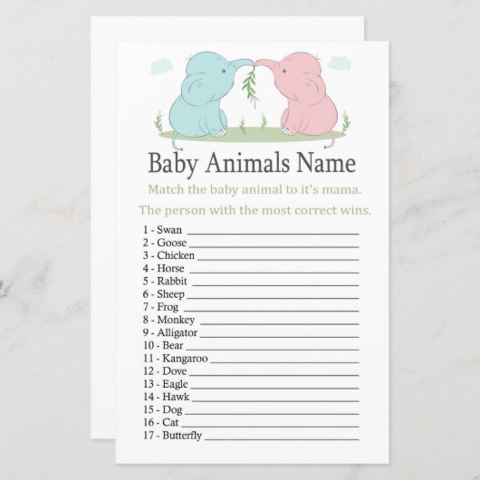 Blue Pink Elephant Baby Animes Name Game (Vorne/Hinten)