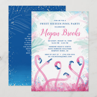 Blue Pink Flamingo Pool Party Sweet 16 Geburtstag Einladung
