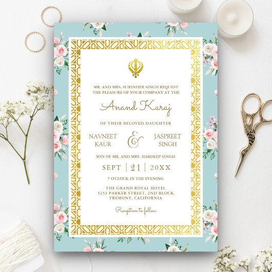 Blue Pink Floral Anand Karaj Punjabi Sikh Wedding Einladung