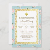 Blue Pink Floral Anand Karaj Punjabi Sikh Wedding Einladung (Vorderseite)