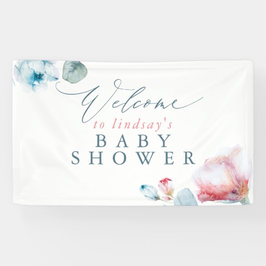 Blue Pink Floral Baby oder Brautparty Willkommen Banner (Horizontal)