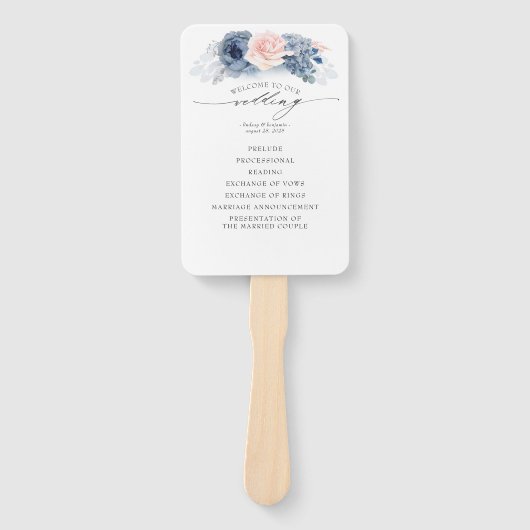 Blue Pink Floral Elegantes Hochzeitsprogramm Fächer (Vorderseite)